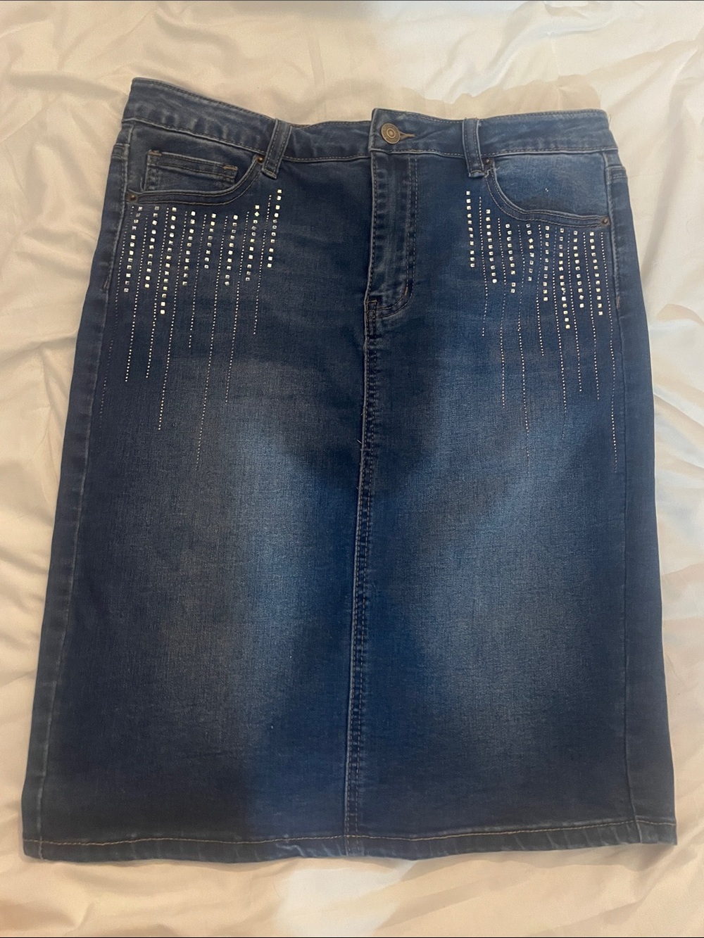 Rhinestone-Embellished Dark Blue Denim Pencil Skirt